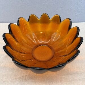Blenko 6143L 14 Petal Amber Lotus Bowl‎ Wayne Husted Art Glass 10" MCM
